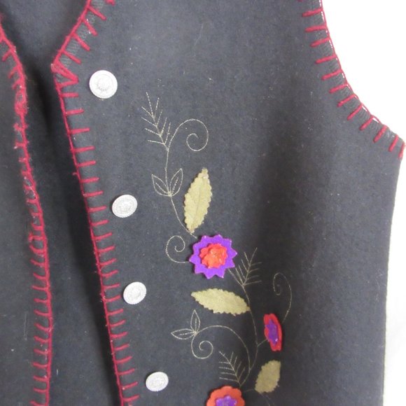 Lemon Grass Vest Vintage Black Fall Wool Blend Appliqued Flowers Autumn Medium - Picture 7 of 10